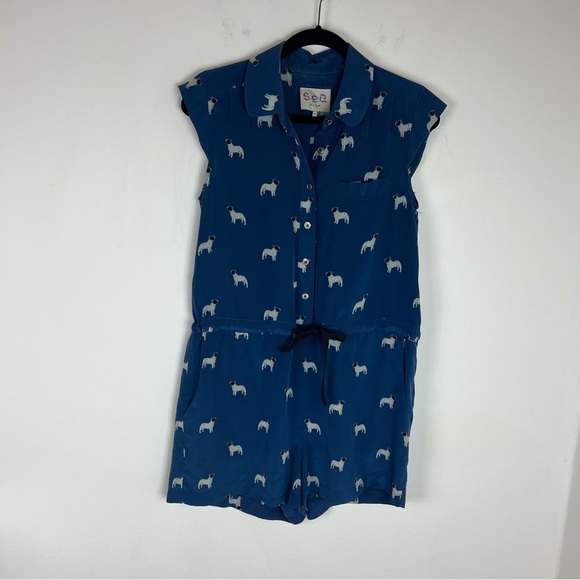 Sea New York 100% Silk French Bulldog Print Romper Blue Size XS - Picture 1 of 5